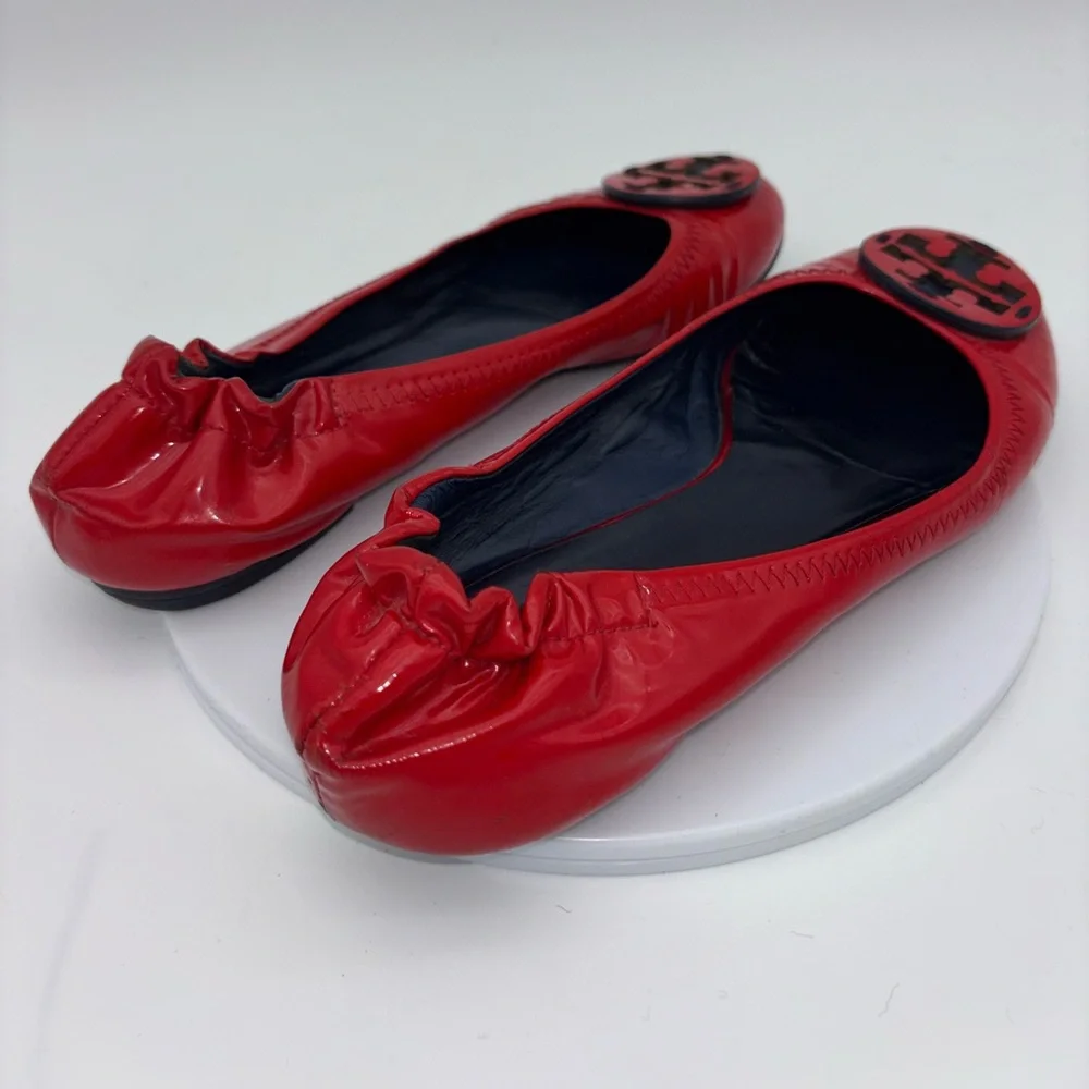 TORY BURCH Red Reva Ballet Flat Patent Leather Shoe Logo Slip On Office‎ Round 7